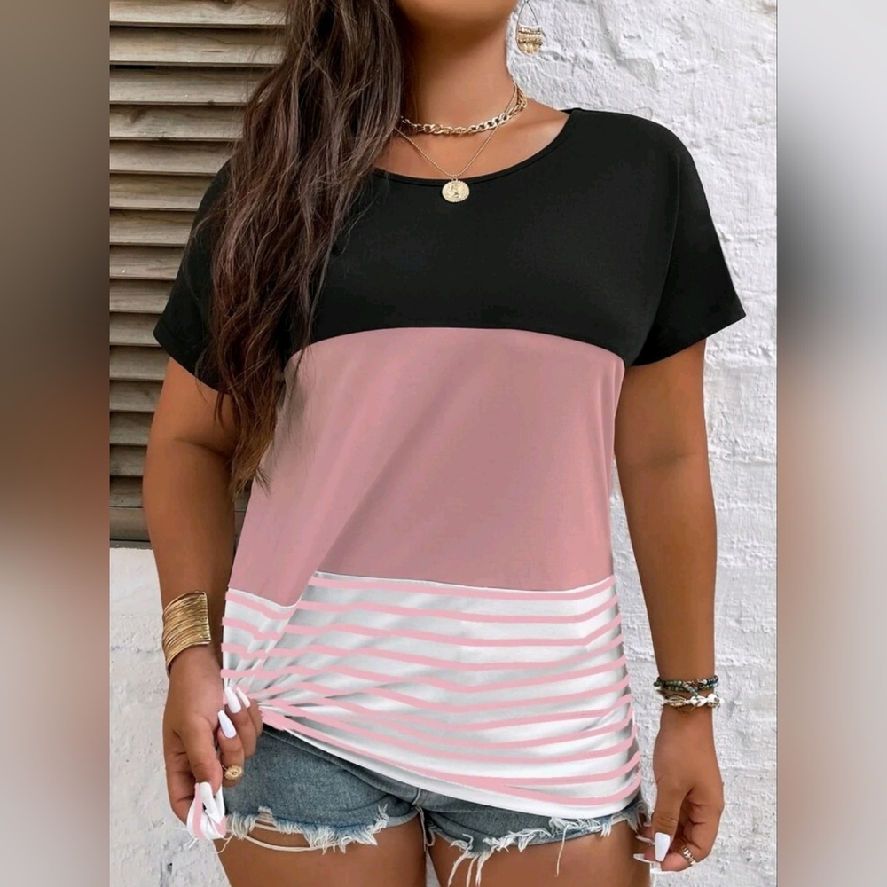 Plus Striped Color Block Contrast Lace Dolman Sleeve Tee